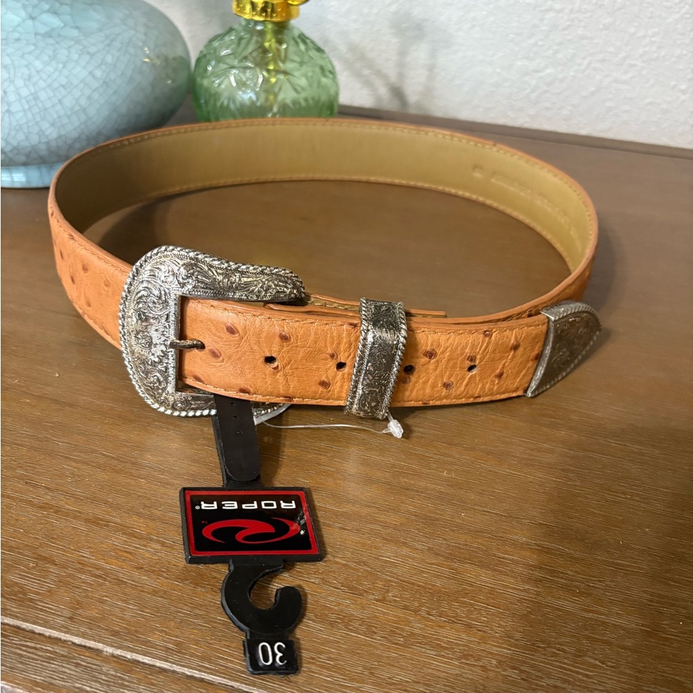 Roper Tan Ostrich-Texture Belt with Silver Western Buckle
